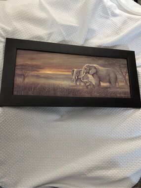 Large Framed Elephant Family Sunset Panoramic Wall Art 11x23 inches